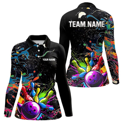 Colorful Splash Bowling Polo, Quarter Zip Shirt for Women Custom Bowling Team shirts for bowlers NQS9146