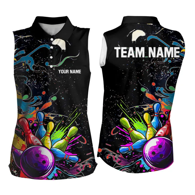 Colorful Splash Women's Bowling Sleeveless Polo Shirt Custom Bowling Team shirts for bowlers NQS9146