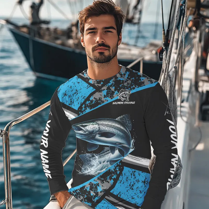 Chinook Salmon fishing Blue camo Long Sleeve Performance Fishing Shirt custom Salmon fishing jerseys NQS9347
