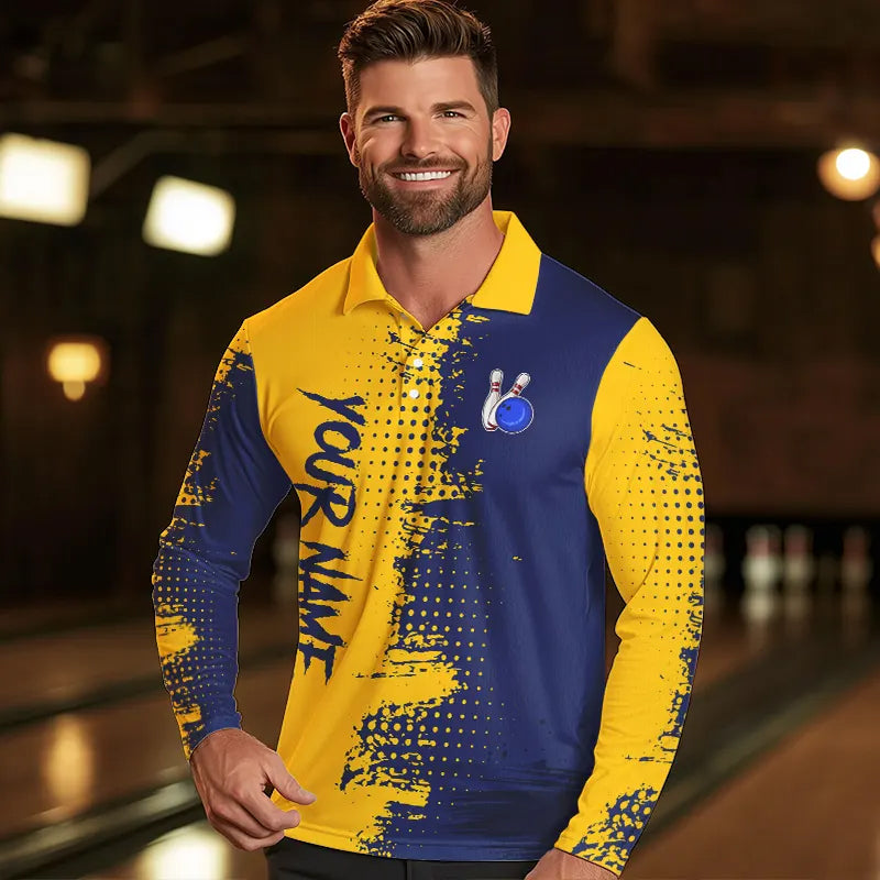 Blue and Yellow Bowling Polo, Quarter Zip shirts for Men Custom Bowling Team Jerseys NQS9354