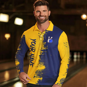 Blue and Yellow Bowling Polo, Quarter Zip shirts for Men Custom Bowling Team Jerseys NQS9354