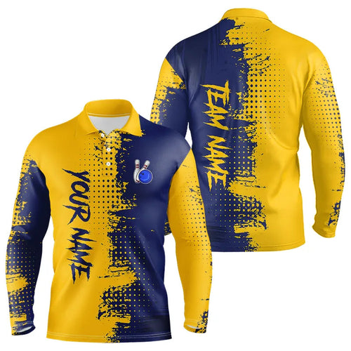 Blue and Yellow Bowling Polo, Quarter Zip shirts for Men Custom Bowling Team Jerseys NQS9354