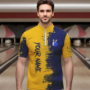 Blue and Yellow Bowling Polo, Quarter Zip shirts for Men Custom Bowling Team Jerseys NQS9354