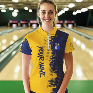 Blue and Yellow Bowling Polo, Quarter Zip shirts for Women Custom Bowling Team Jerseys NQS9354