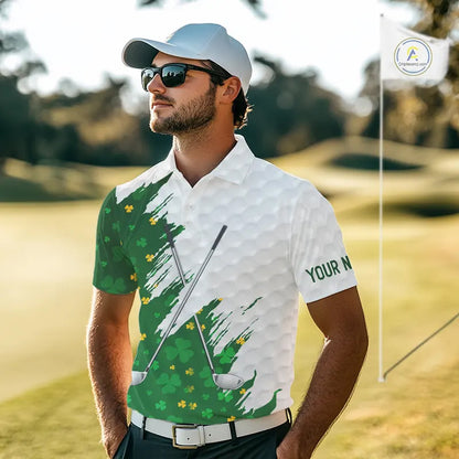 Green clover pattern St Patrick's day custom white Mens golf polo shirts, team mens golf tops NQS11421