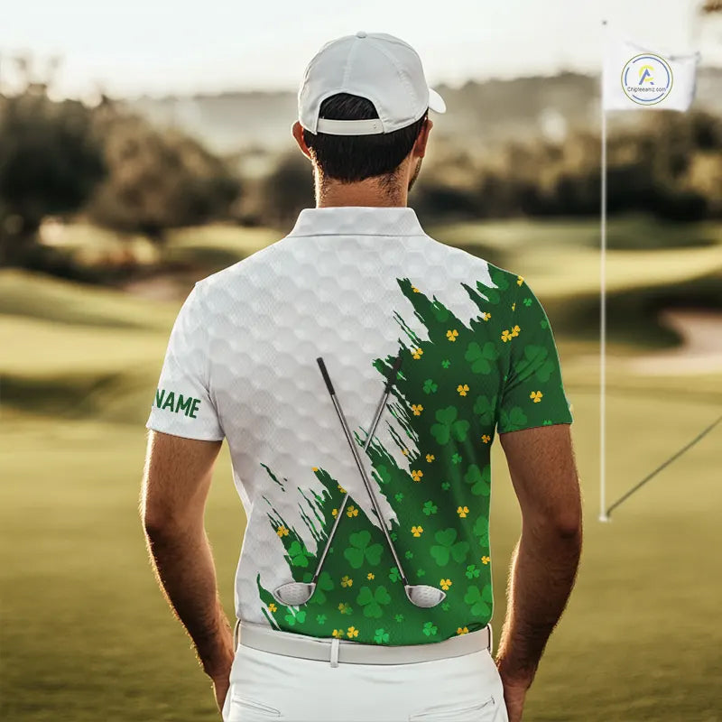 Green clover pattern St Patrick's day custom white Mens golf polo shirts, team mens golf tops NQS11421