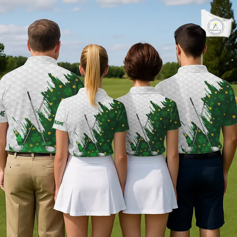 Green clover pattern St Patrick's day custom white Womens golf polo shirts, team ladies golf tops NQS11421