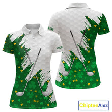 Load image into Gallery viewer, Green clover pattern St Patrick's day custom white Womens golf polo shirts, team ladies golf tops NQS11421
