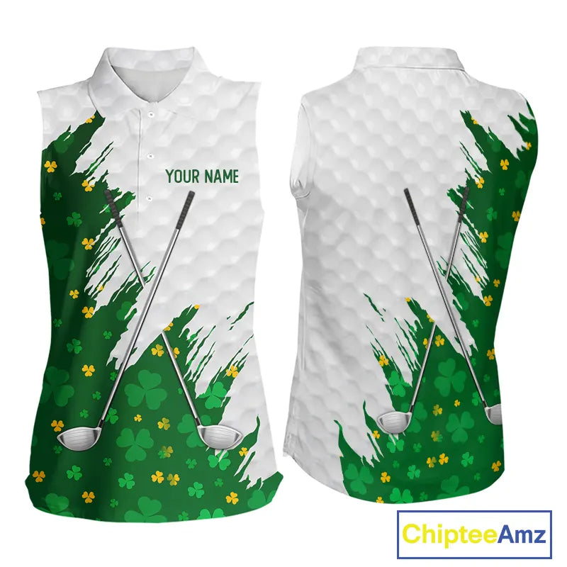 Green clover pattern St Patrick's day custom white Women Sleeveless polos, team ladies golf tops NQS11421