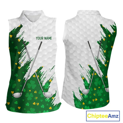 Green clover pattern St Patrick's day custom white Women Sleeveless polos, team ladies golf tops NQS11421