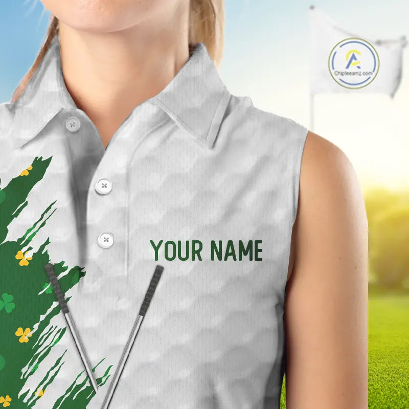 Green clover pattern St Patrick's day custom white Women Sleeveless polos, team ladies golf tops NQS11421