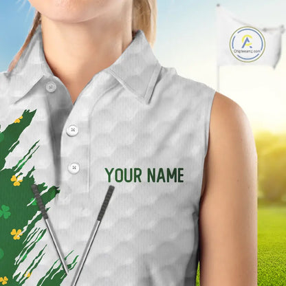 Green clover pattern St Patrick's day custom white Women Sleeveless polos, team ladies golf tops NQS11421