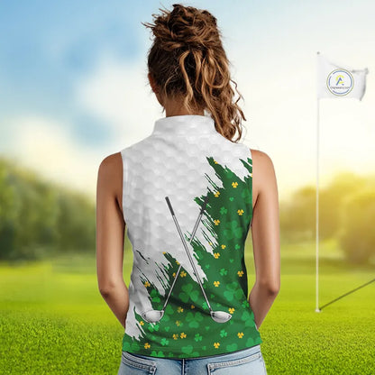 Green clover pattern St Patrick's day custom white Women Sleeveless polos, team ladies golf tops NQS11421