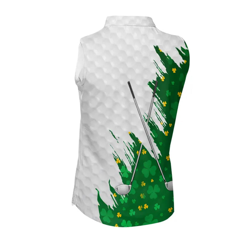 Green clover pattern St Patrick's day custom white Women Sleeveless polos, team ladies golf tops NQS11421