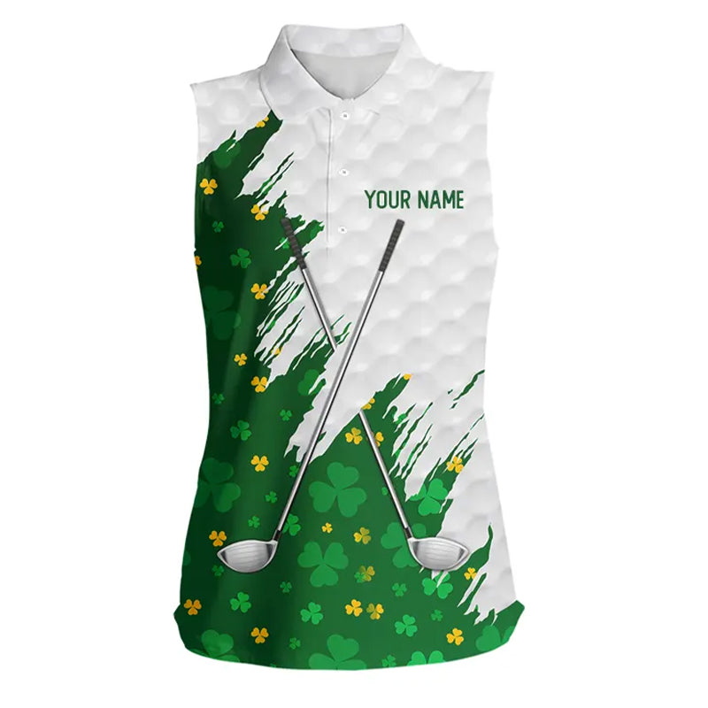 Green clover pattern St Patrick's day custom white Women Sleeveless polos, team ladies golf tops NQS11421