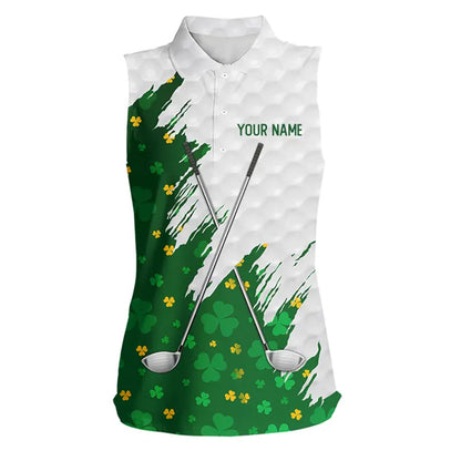 Green clover pattern St Patrick's day custom white Women Sleeveless polos, team ladies golf tops NQS11421
