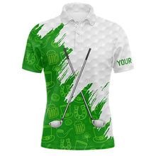 Load image into Gallery viewer, Green and White St Patrick's day pattern custom Mens golf polo shirts, team golf attire for men NQS11422