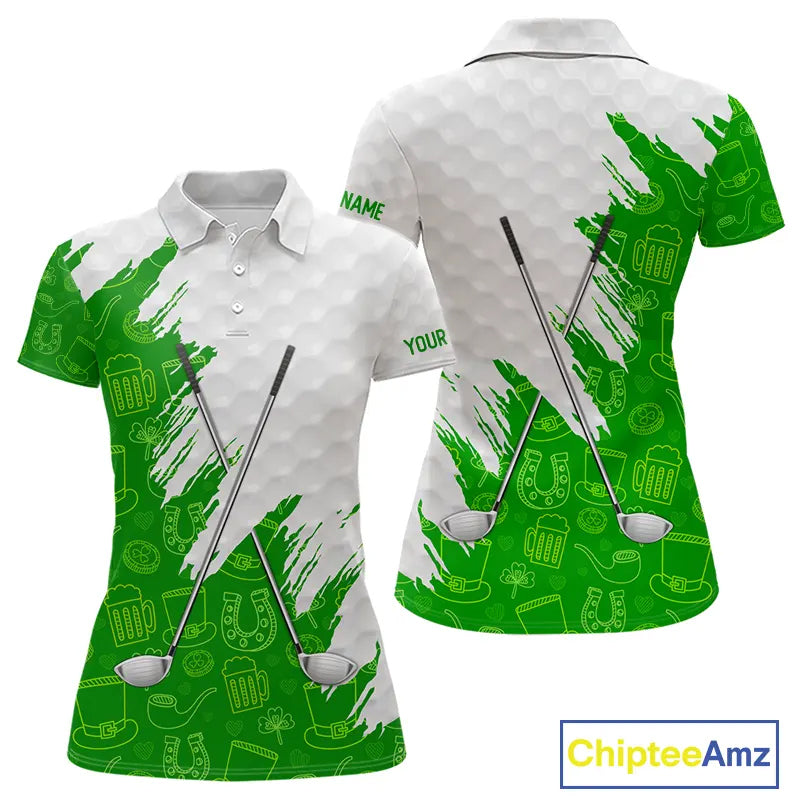 Green and White St Patrick's day pattern custom Womens golf polo shirts, team golf attire for ladies NQS11422