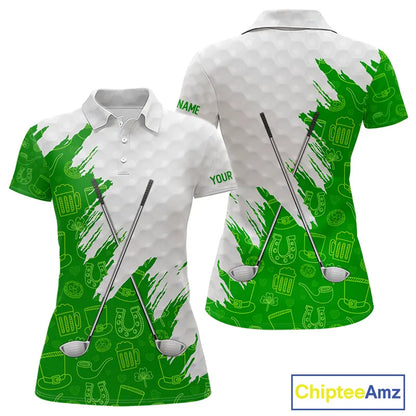 Green and White St Patrick's day pattern custom Womens golf polo shirts, team golf attire for ladies NQS11422