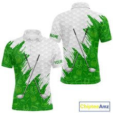 Load image into Gallery viewer, Green and White St Patrick's day pattern custom Mens golf polo shirts, team golf attire for men NQS11422