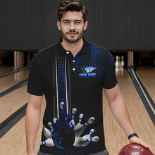 Load image into Gallery viewer, Personalized Black and Blue Flame Bowling Polo, Quarter Zip Shirts For Men Custom Bowling Team Jerseys NQS9497