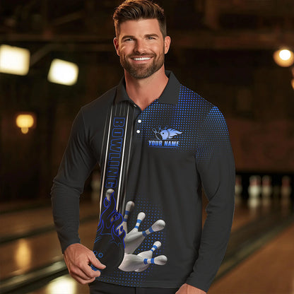 Personalized Black and Blue Flame Bowling Polo, Quarter Zip Shirts For Men Custom Bowling Team Jerseys NQS9497