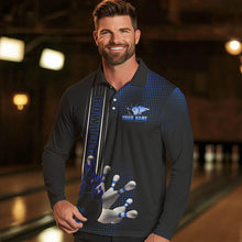 Load image into Gallery viewer, Personalized Black and Blue Flame Bowling Polo, Quarter Zip Shirts For Men Custom Bowling Team Jerseys NQS9497