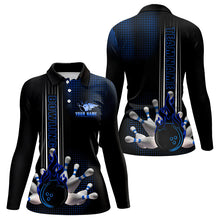 Load image into Gallery viewer, Personalized Black and Blue Flame Bowling Polo, Quarter Zip Shirt For Women Custom Bowling Team Jersey NQS9497