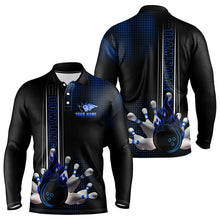 Load image into Gallery viewer, Personalized Black and Blue Flame Bowling Polo, Quarter Zip Shirts For Men Custom Bowling Team Jerseys NQS9497