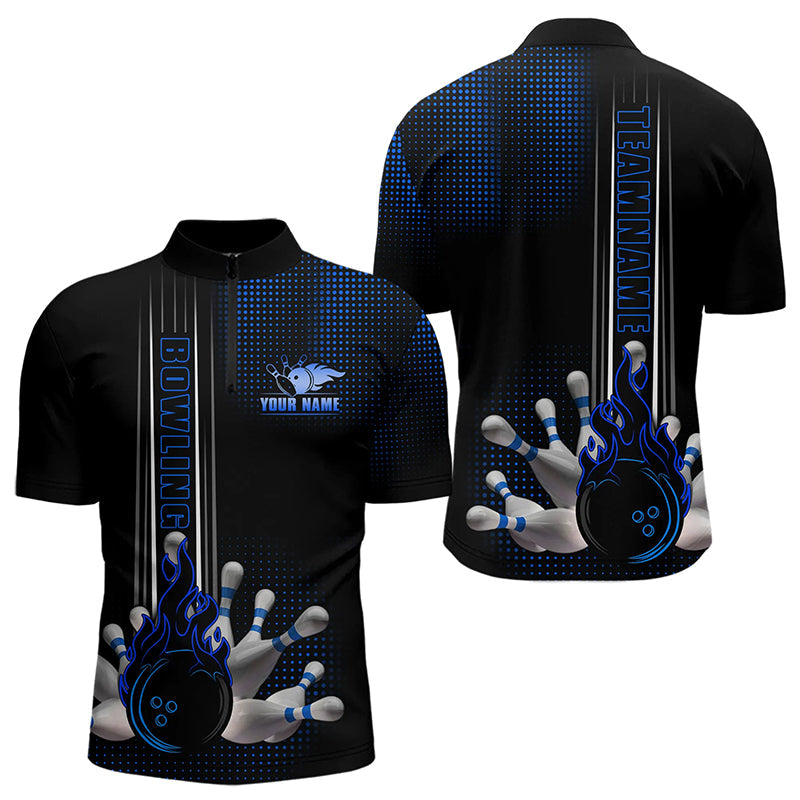 Personalized Black and Blue Flame Bowling Polo, Quarter Zip Shirts For Men Custom Bowling Team Jerseys NQS9497