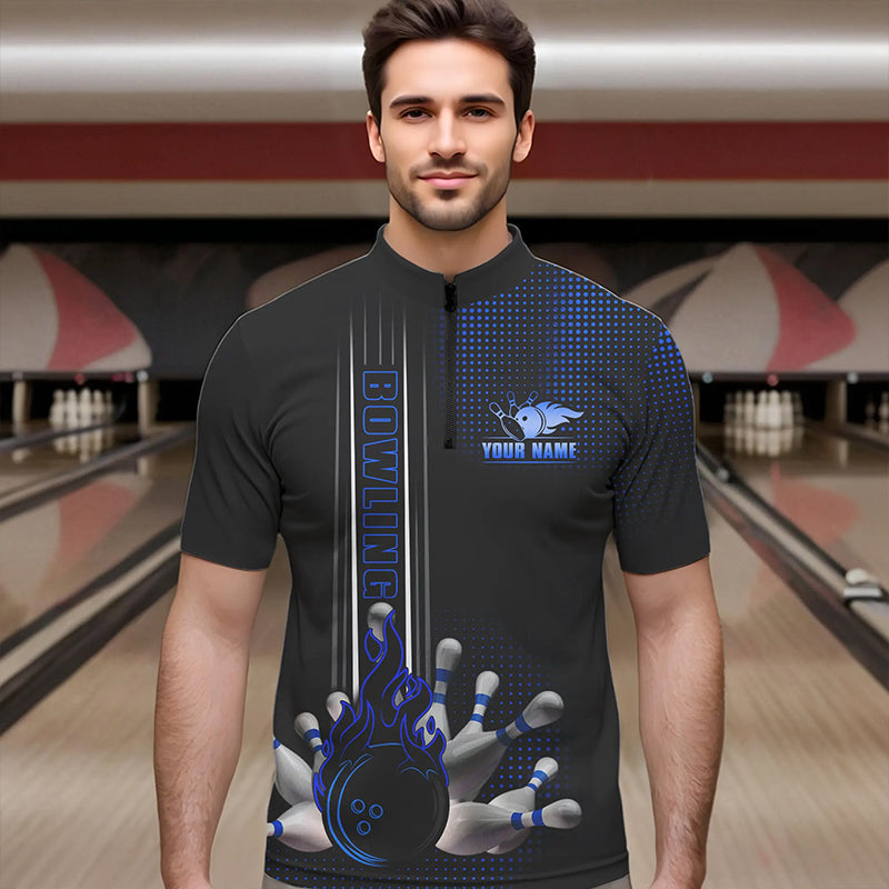 Personalized Black and Blue Flame Bowling Polo, Quarter Zip Shirts For Men Custom Bowling Team Jerseys NQS9497