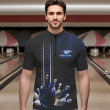 Load image into Gallery viewer, Personalized Black and Blue Flame Bowling Polo, Quarter Zip Shirts For Men Custom Bowling Team Jerseys NQS9497
