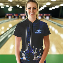 Load image into Gallery viewer, Personalized Black and Blue Flame Bowling Polo, Quarter Zip Shirt For Women Custom Bowling Team Jersey NQS9497