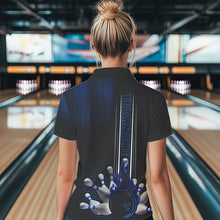Load image into Gallery viewer, Personalized Black and Blue Flame Bowling Polo, Quarter Zip Shirt For Women Custom Bowling Team Jersey NQS9497