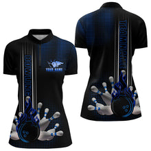 Load image into Gallery viewer, Personalized Black and Blue Flame Bowling Polo, Quarter Zip Shirt For Women Custom Bowling Team Jersey NQS9497