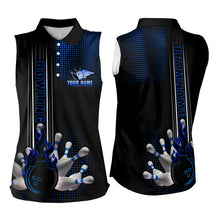 Load image into Gallery viewer, Personalized Black and Blue Flame Bowling Sleeveless Polo Shirt For Women Custom Bowling Team Jersey NQS9497