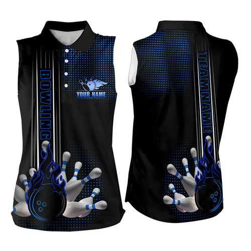 Personalized Black and Blue Flame Bowling Sleeveless Polo Shirt For Women Custom Bowling Team Jersey NQS9497