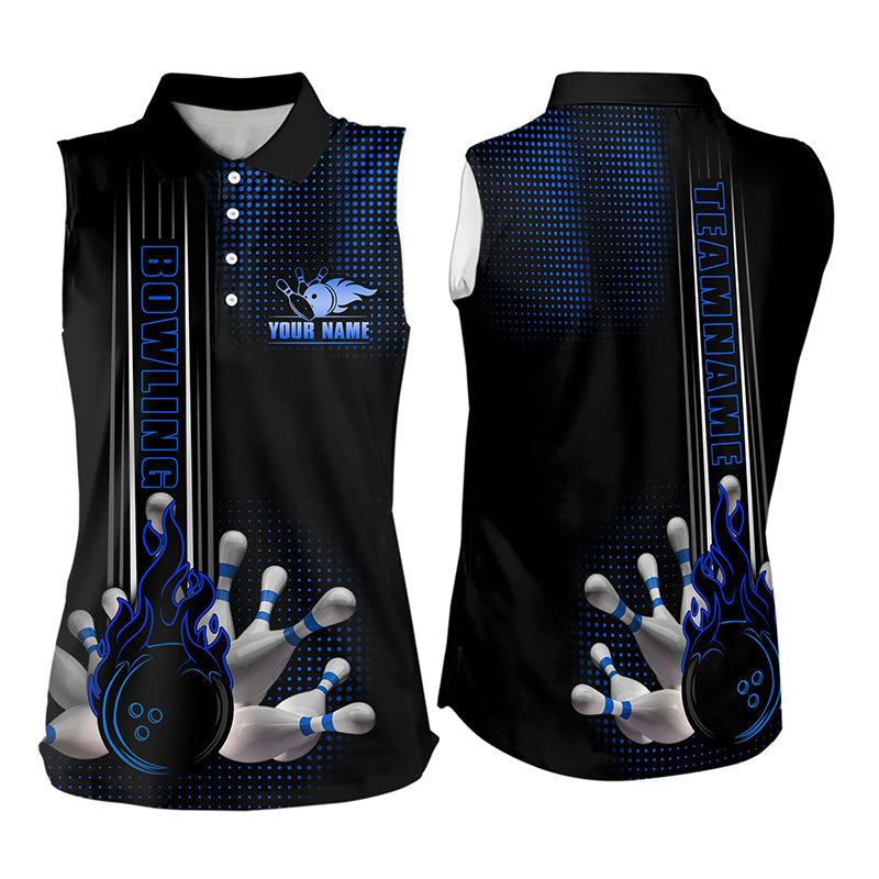 Personalized Black and Blue Flame Bowling Sleeveless Polo Shirt For Women Custom Bowling Team Jersey NQS9497
