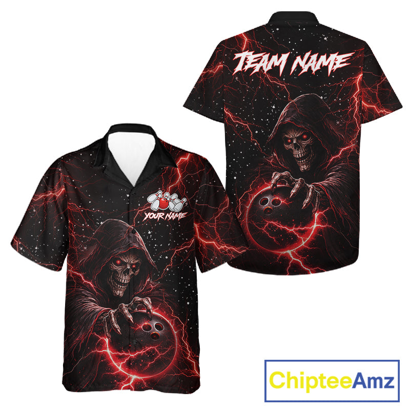 Custom Black And Red Lightning Thunder Skull Reaper Bowling Button-up Shirt, Hawaiian Bowling Jerseys NQS11623