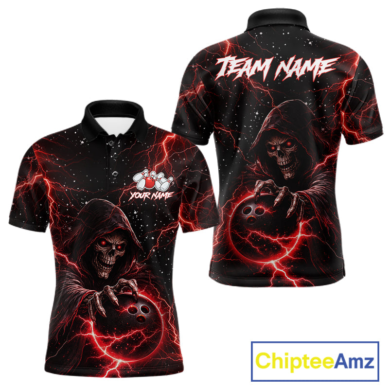 Custom Black And Red Lightning Thunder Skull Reaper Bowling Shirts For Men, Bowling Team Jerseys NQS11623