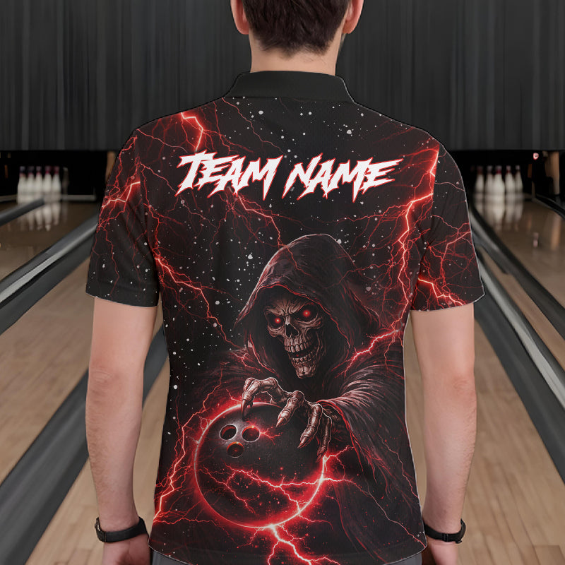 Custom Black And Red Lightning Thunder Skull Reaper Bowling Shirts For Men, Bowling Team Jerseys NQS11623