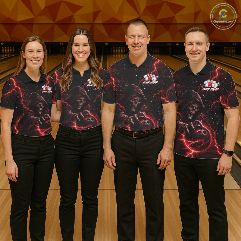Custom Black And Red Lightning Thunder Skull Reaper Bowling Shirts For Men, Bowling Team Jerseys NQS11623