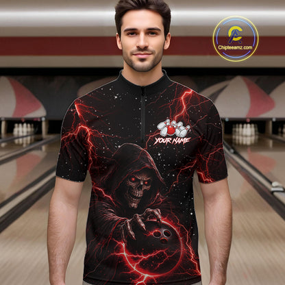 Custom Black And Red Lightning Thunder Skull Reaper Bowling Shirts For Men, Bowling Team Jerseys NQS11623