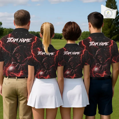 Custom Black And Red Lightning Thunder Skull Reaper Mens Golf Polo Shirt, men's golf apparel NQS11624