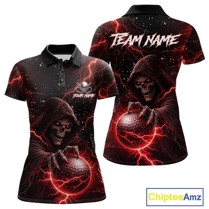 Custom Black And Red Lightning Thunder Skull Reaper Womens Golf Polo Shirt, ladies golf apparel NQS11624