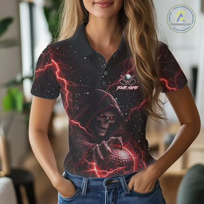 Custom Black And Red Lightning Thunder Skull Reaper Womens Golf Polo Shirt, ladies golf apparel NQS11624