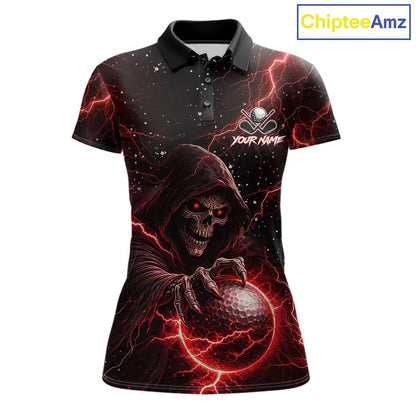 Custom Black And Red Lightning Thunder Skull Reaper Womens Golf Polo Shirt, ladies golf apparel NQS11624