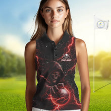 Load image into Gallery viewer, Custom Black And Red Lightning Thunder Skull Reaper Womens Sleeveless Golf Shirt, ladies golf apparel NQS11624