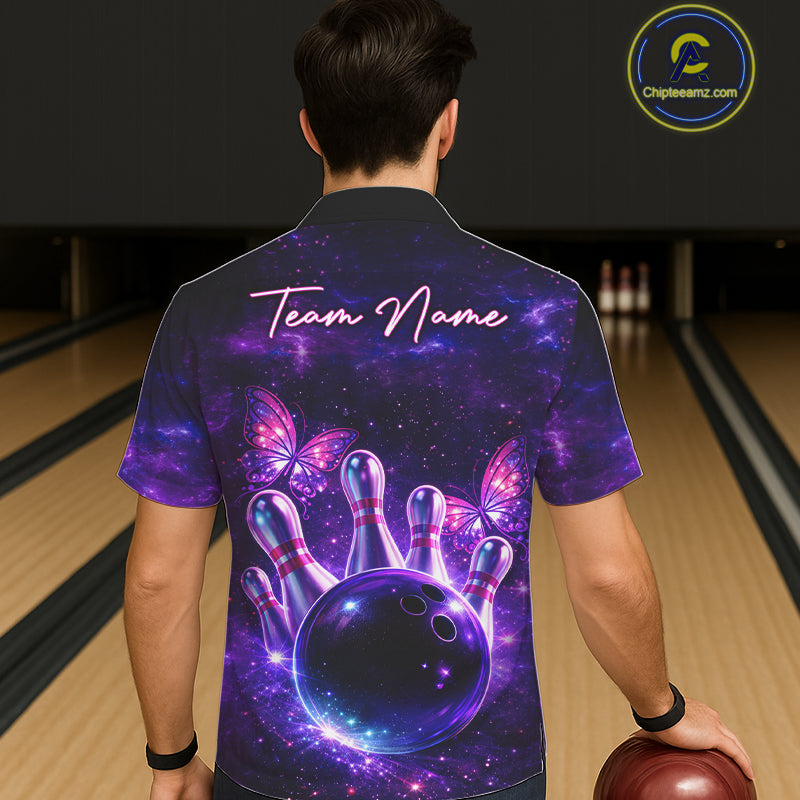 Custom Purple Galaxy Butterfly Bowling Button-up Shirt, Hawaiian Bowling Team Jersey With Butterflies NQS11627
