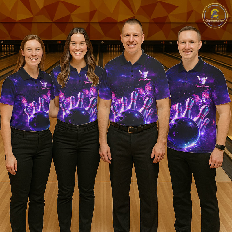 Custom Purple Galaxy Butterfly Bowling Shirts For Men, Bowling Team Shirt With Butterflies NQS11627
